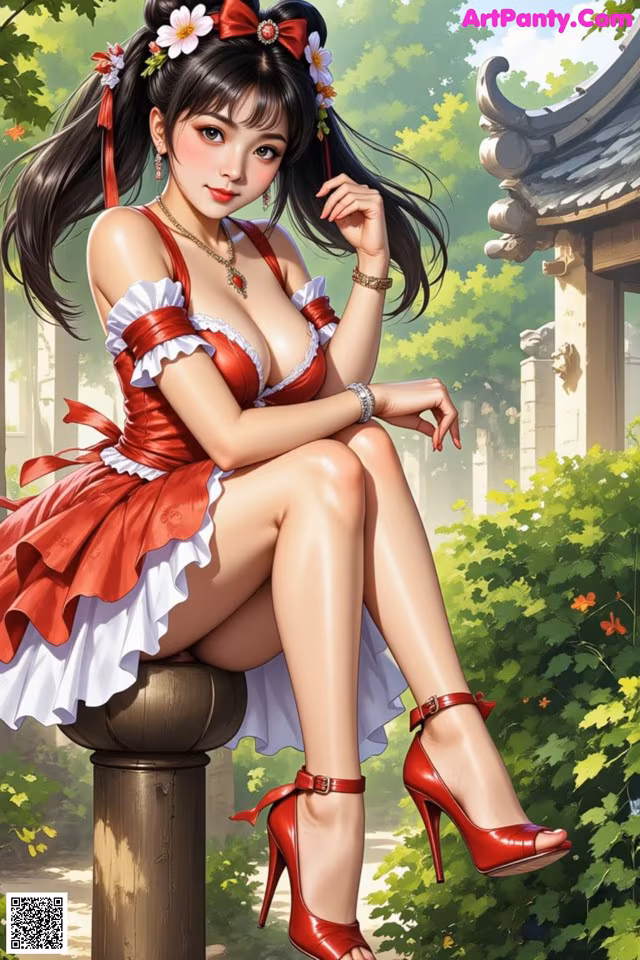 A woman in a red and white dress sitting on a pole.