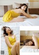 A woman in a yellow dress laying on a bed.