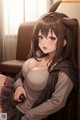 Anime girl sitting on a chair holding a remote control.